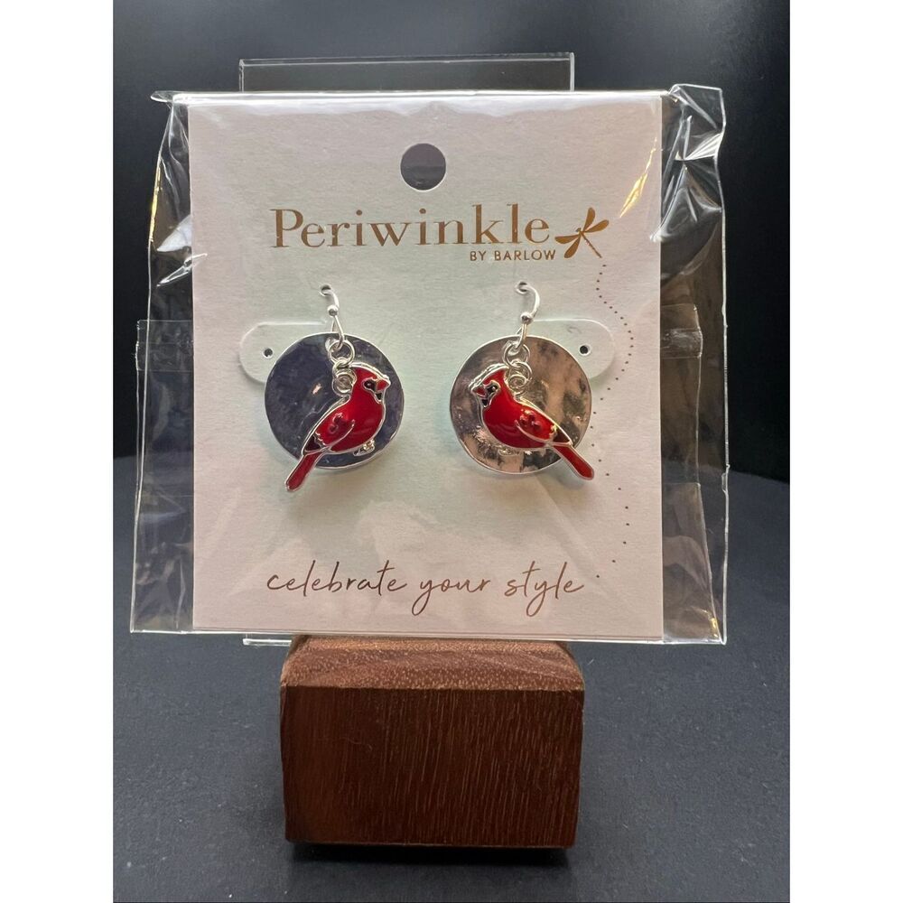 New! Periwinkle by Barlow Silver Tone Disc Red Cardinal  Drop Earrings